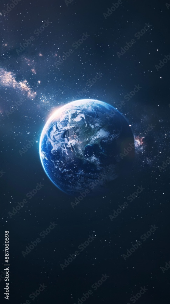 Naklejka premium A luminous Earth hangs in the vast expanse of space, bathed in the ethereal glow of distant stars