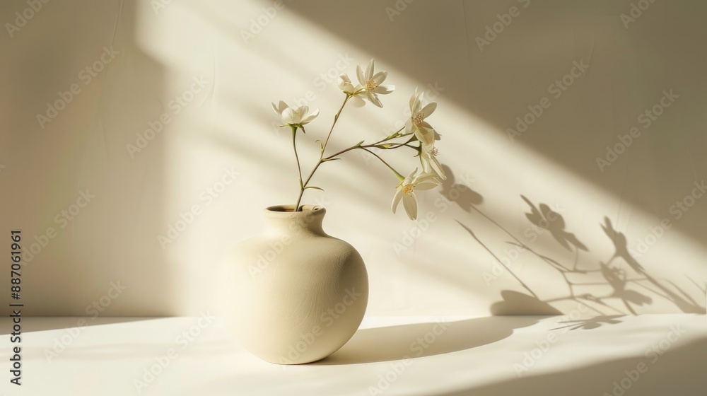 Contemporary ceramic vase with flowers and shadows in Scandinavian decor Contemporary ceramic vase with flowers and shadows in Scandinavian decor