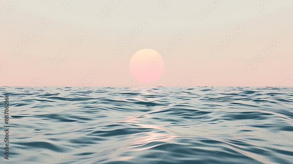 Sun above calm sea with black waves, pastel colors, minimalist aesthetic Sun above calm sea with black waves, pastel colors, minimalist aesthetic