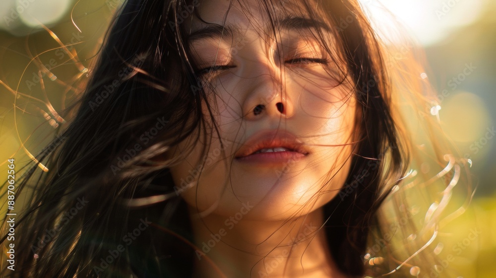 Woman With Long Black Hair Enjoying the Warm Sun on a Sunny Day Woman With Long Black Hair Enjoying the Warm Sun on a Sunny Day
