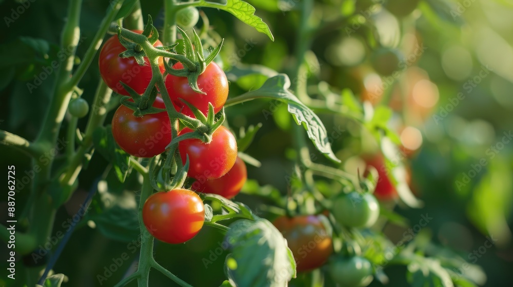 Mature red cherry tomatoes growing on the vine Mature red cherry tomatoes growing on the vine