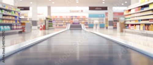 A grocery store with a conveyor belt in the middle