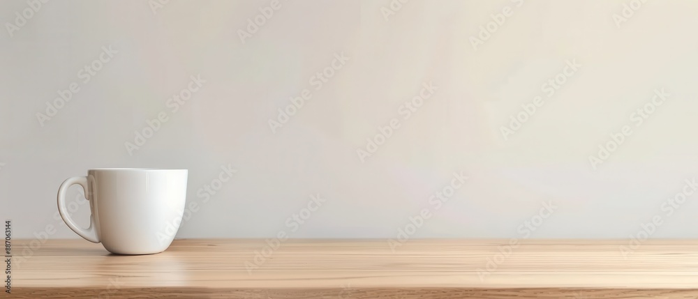 Fototapeta premium A white coffee cup sits on a wooden table