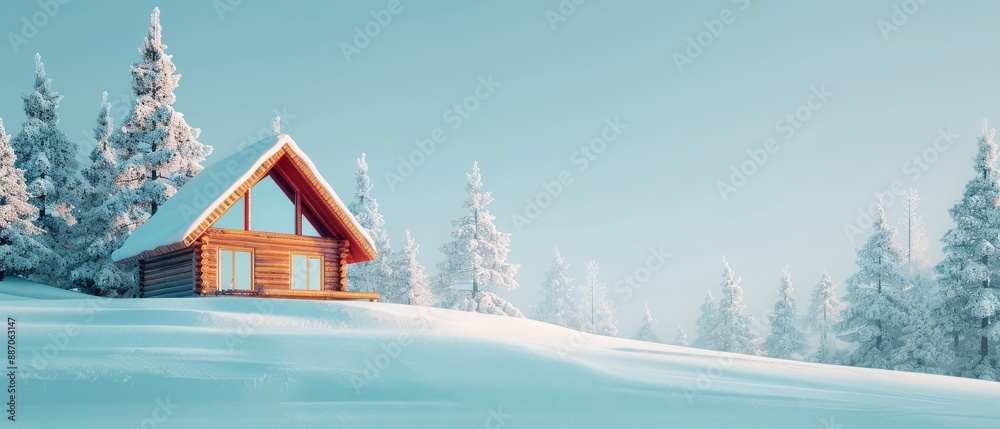 A cabin is on a snowy hill with trees in the background A cabin is on a snowy hill with trees in the background