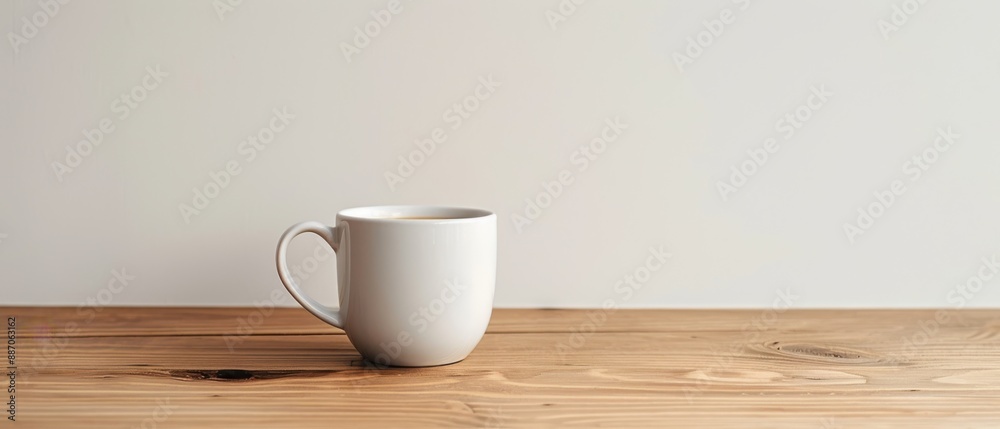 A white coffee cup sits on a wooden table A white coffee cup sits on a wooden table