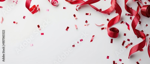 A red ribbon with red confetti on a white background