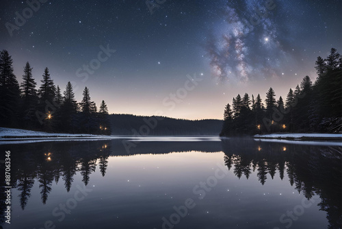 Starry Night Over Tranquil Snowy Lake, Clear starry night sky over a calm snowy lake with trees reflected in the water