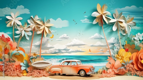Summer vacation unusual trendy art paper collage design.