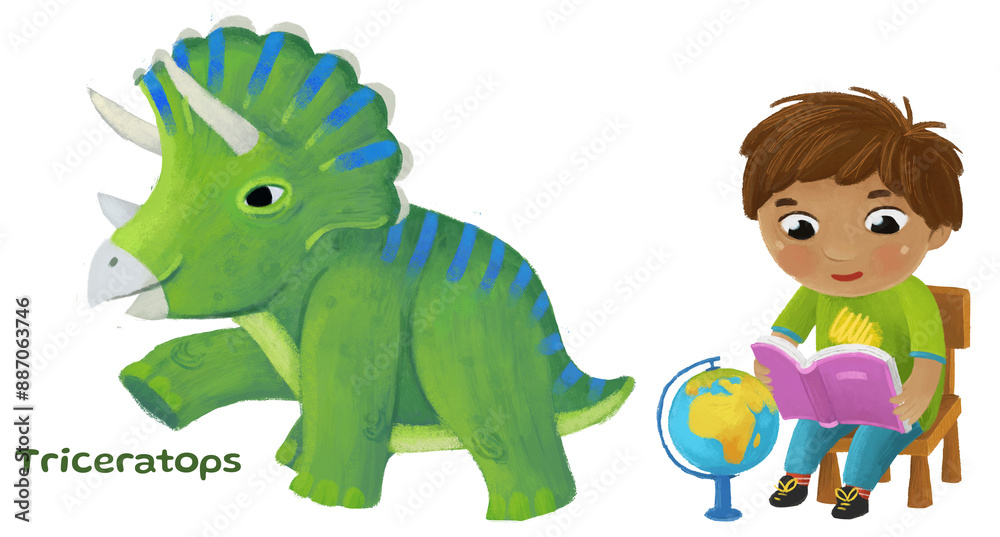 Fototapeta premium cartoon happy and funny colorful prehistoric dinosaur dino triceratops isolated illustration with child pointing on animal and reading learing school book of natural history