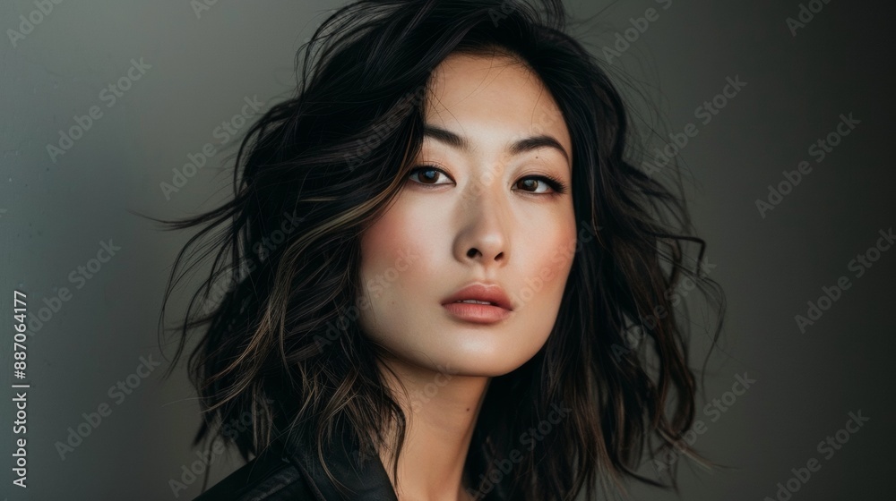 Fototapeta premium Close-Up Portrait of a Young Woman With Black Hair and Makeup