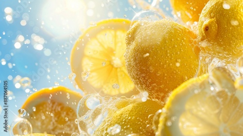 Fresh lemonade made with natural ingredients featuring yellow lemons in bubbly soda water against a sunny backdrop  photo