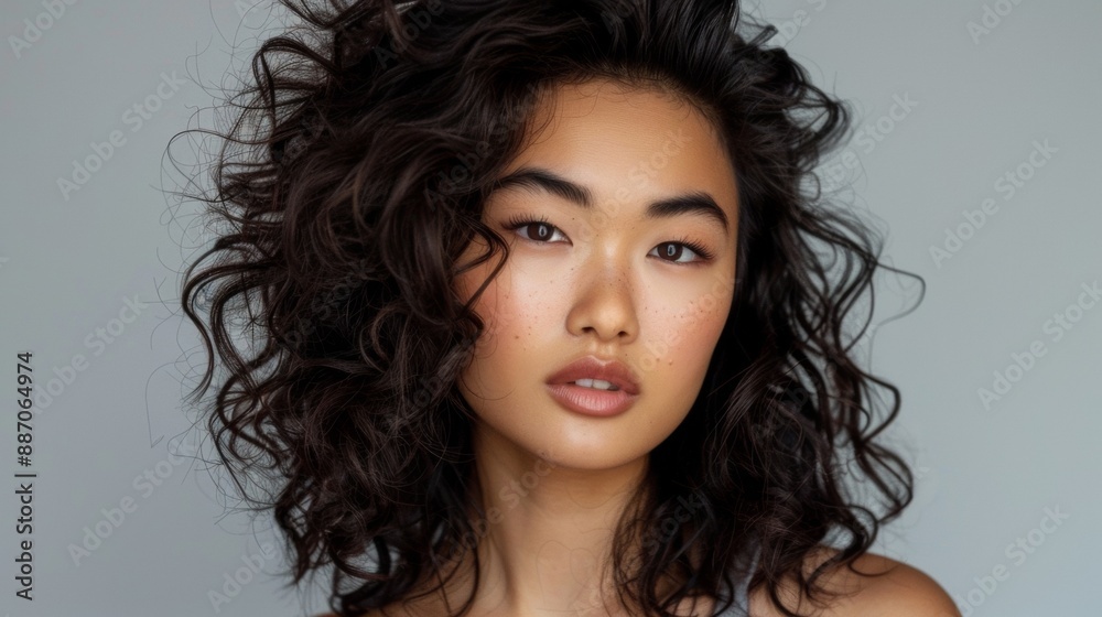 Portrait of a Woman With Curly Hair Against a Grey Background Portrait of a Woman With Curly Hair Against a Grey Background