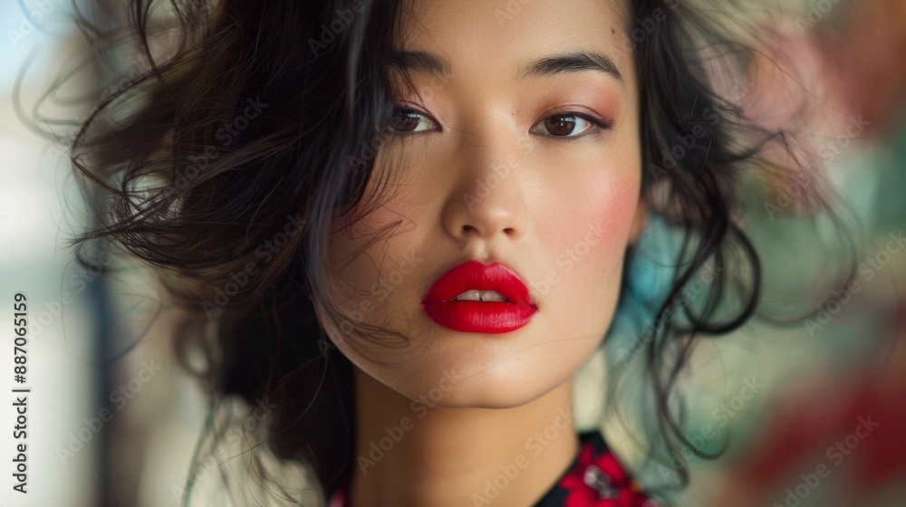 Close Up Portrait of a Young Woman With Red Lips and Wavy Black Hair Close Up Portrait of a Young Woman With Red Lips and Wavy Black Hair