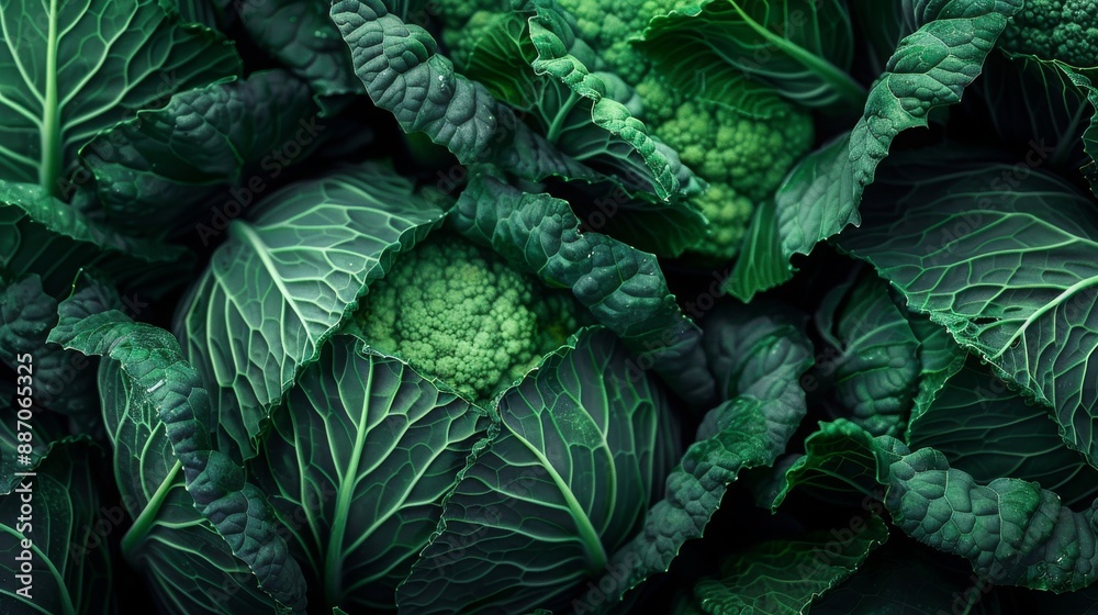 Obraz premium Green Cauliflower Leaves: Close-Up in Autumn - Creative Banner