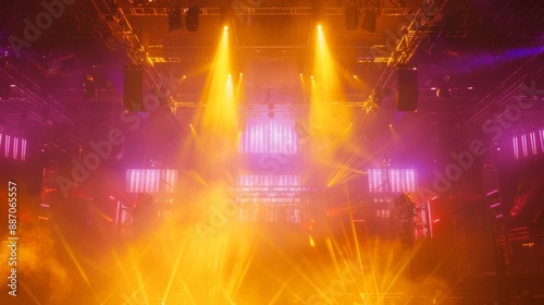 Bright Yellow Spotlights Illuminate A Foggy Nightclub Stage
