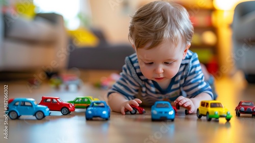 young caucasian baby boy plays with colorful toy cars indoors. little boy plays with toy car at home photo
