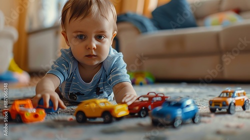 young caucasian baby boy plays with colorful toy cars indoors. little boy plays with toy car at home photo