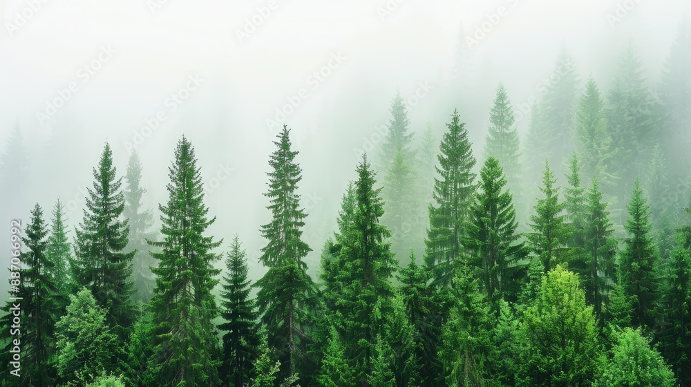 Tall evergreen trees stand in a thick forest, blanketed by fog that swirls between the branches Tall evergreen trees stand in a thick forest, blanketed by fog that swirls between the branches
