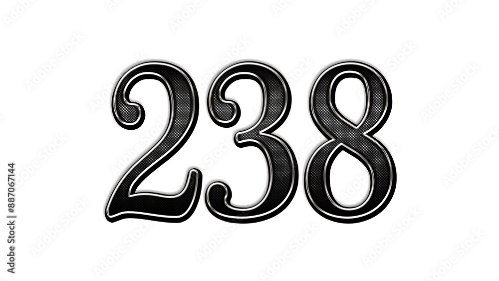 black metal 3d design of number 238 on white background. black metal 3d design of number 238 on white background.