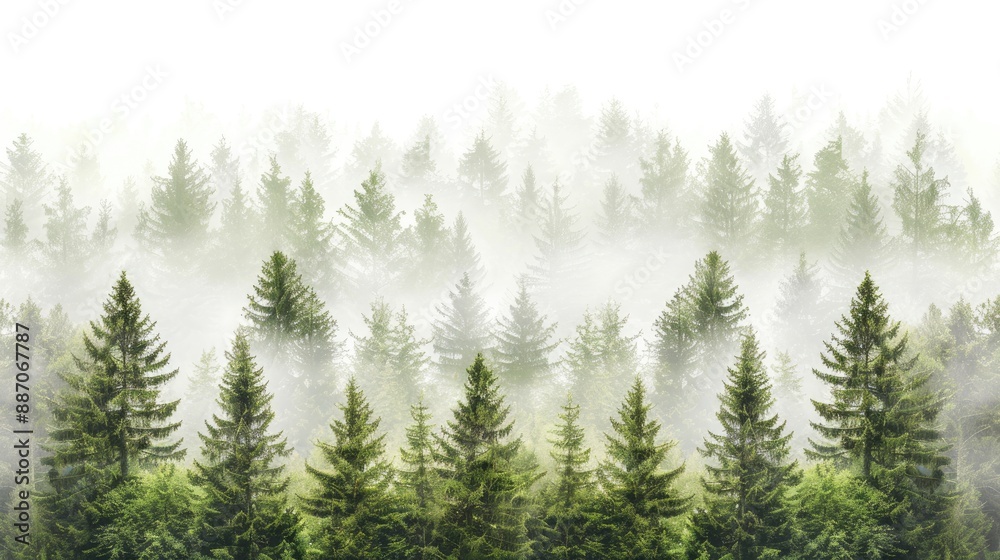 Obraz premium Tall evergreen trees stand in a thick forest, blanketed by fog that swirls between the branches