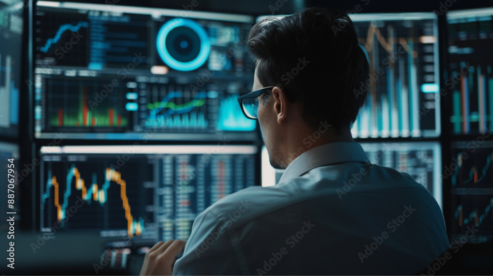 Expert financial analyst deciphering big data on desktop lcd screen for investment success Expert financial analyst deciphering big data on desktop lcd screen for investment success