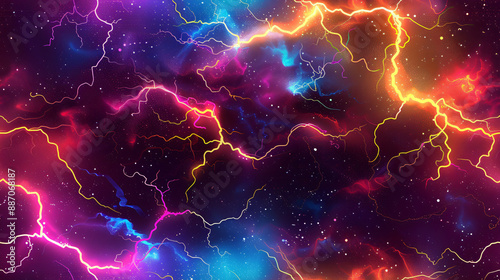 Vibrant lightning storm pattern in the night sky, ideal for projects requiring an energetic backdrop photo