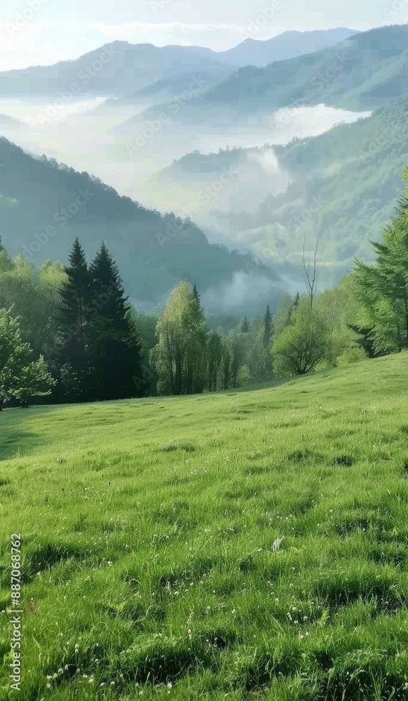 Fototapeta premium Tall evergreen trees stand in a thick forest, blanketed by fog that swirls between the branches