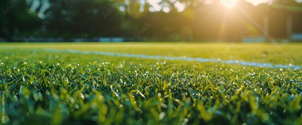 Fototapeta premium A picturesque blurry football field bathed in radiant sunlight, enhancing its vibrant green grass
