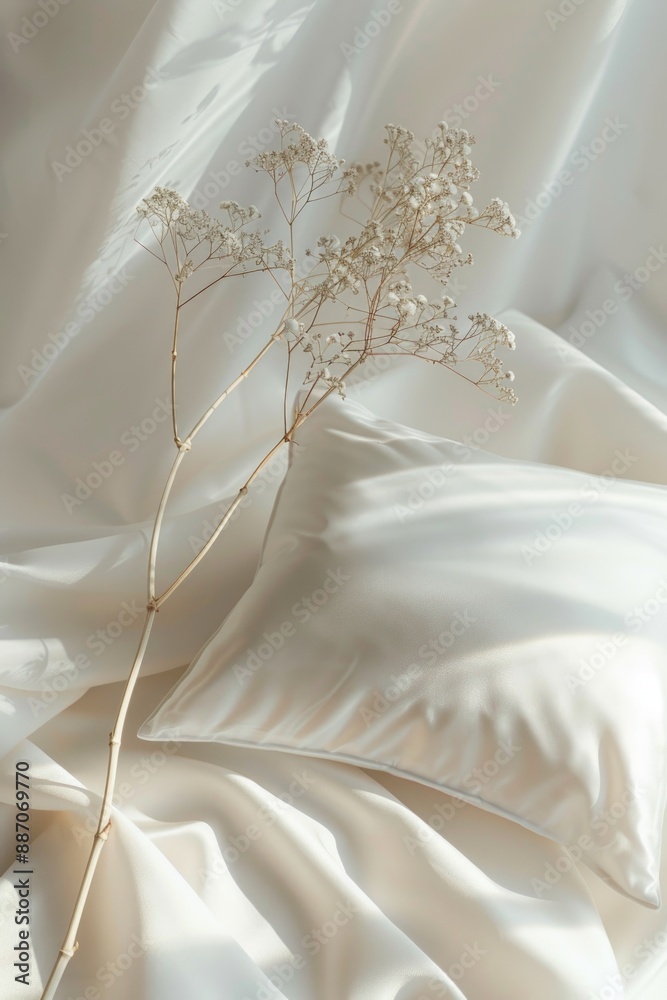 A white pillow with fresh flowers placed on a white sheet A white pillow with fresh flowers placed on a white sheet