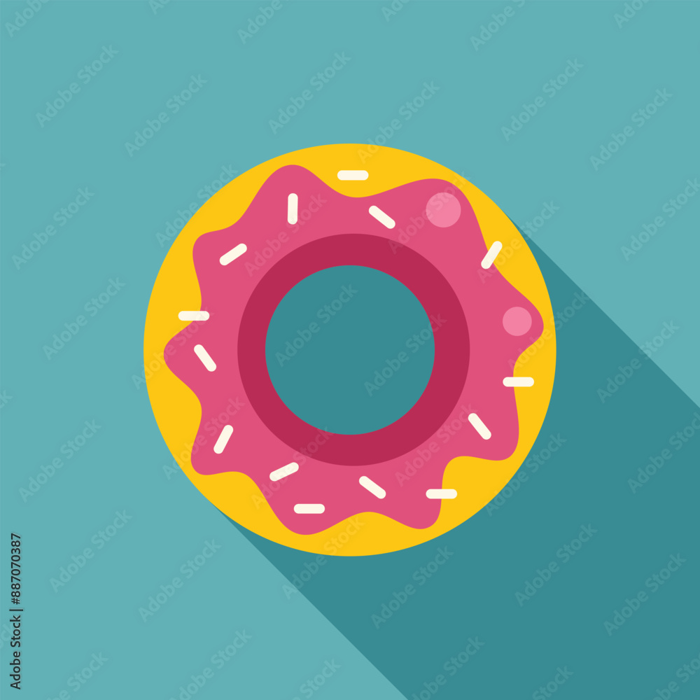 Sweet donut with pink icing and white sprinkles lying on blue background, flat design icon Sweet donut with pink icing and white sprinkles lying on blue background, flat design icon