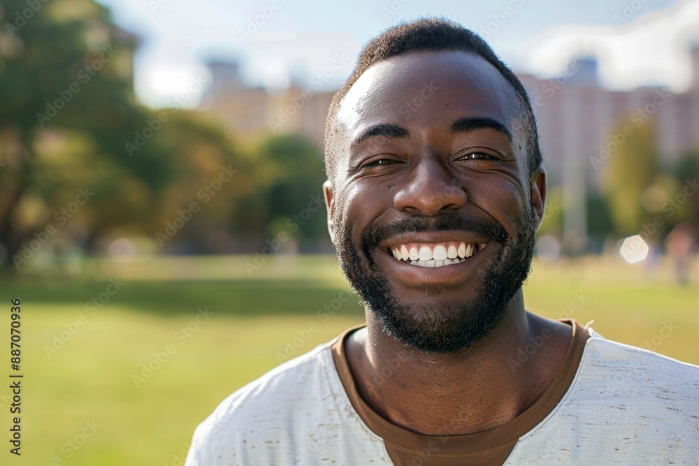 Fototapeta premium handsome mixed race man smiling in front of a green park, facing the camera