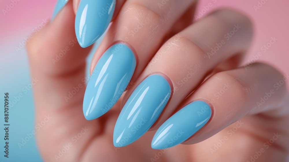 Stylish Blue Manicure with Long Almond Shaped Nails, Perfect for Fashion, Beauty, and Nail Art Design Stylish Blue Manicure with Long Almond Shaped Nails, Perfect for Fashion, Beauty, and Nail Art Design