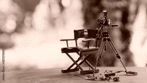 Sepia-toned image of an old, dusty camera wrapped in cobwebs. Symbol of the decline of traditional photography, overshadowed by the rapid advancement of new technologies, such as AI photo