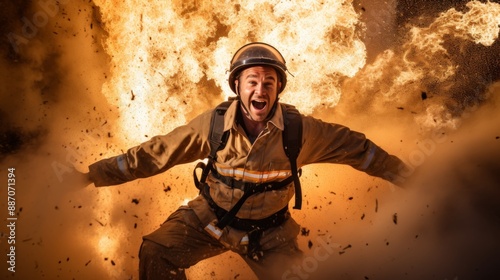 Firefighter in action with a large explosion in the background.