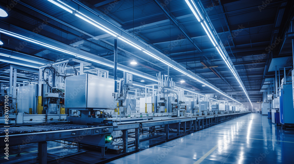 Fototapeta premium Modern industrial factory interior with automated machinery and blue lighting
