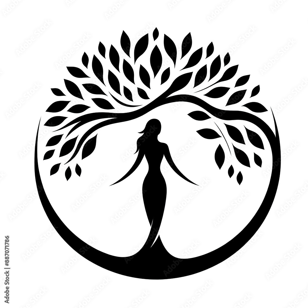 Fototapeta premium Minimalist tree woman silhouette logo on white background
