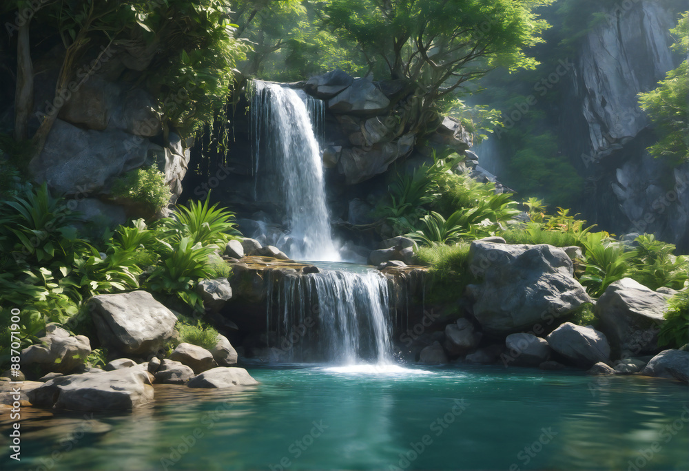Naklejka premium A serene photo of a waterfall surrounded by lush greenery, trees, and rocks. A small stream flows gently through the jungle landscape, capturing the essence of summer nature. waterfall in the forest