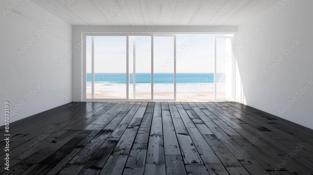 Empty room with dark wooden floating laminate flooring House interior wide bedroom or living room space Newly beach apartment or house with sea view Wood floor Real state or property management Empty room with dark wooden floating laminate flooring House interior wide bedroom or living room space Newly beach apartment or house with sea view Wood floor Real state or property management