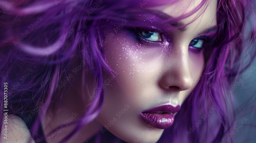 A woman with purple hair and purple makeup A woman with purple hair and purple makeup