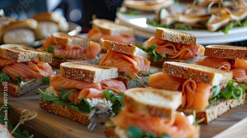 Smoked Salmon sandwiches Finger Food Brunch Buffet A delectable spread of tasty finger food from smoked salmon sandwiches to wheat bread and sandwich quarters with chicken fillet and lettuce photo