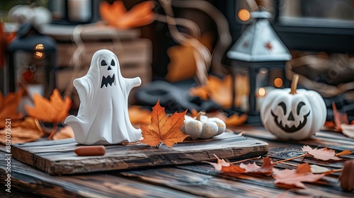 Decorations for Halloween Ghost on a wooden board photo