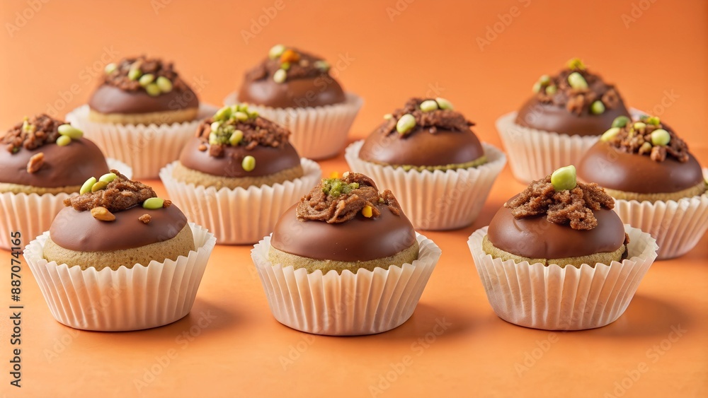 Chocolate truffles pistachio dessert candy food on the orange background Chocolate truffles pistachio dessert candy food on the orange background