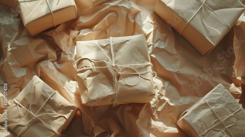 Beige crumpled packaging paper unwrapping from center ragged paper Unpacking and bursting from the center Presents for holidays Sustainable resource eco friendly Overlay copy space top view photo