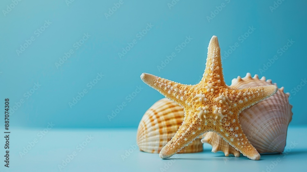 Starfish and seashell against blue backdrop Starfish and seashell against blue backdrop