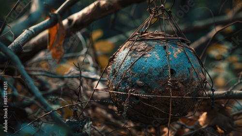 Grenade with a tripwire Stretched wire of enemy trap in forest photo