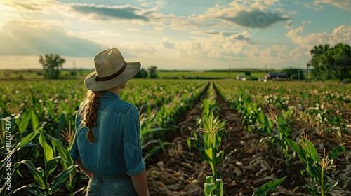 A farmer woman stands in a field and inspects a green corn plantation Agricultural industry © Nijat