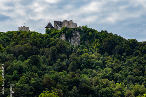 Canvas Print City of Celje in Slovenia, beautiful village decorated with flowers, traditional buildings with towers and castle, interesting tourist stop
