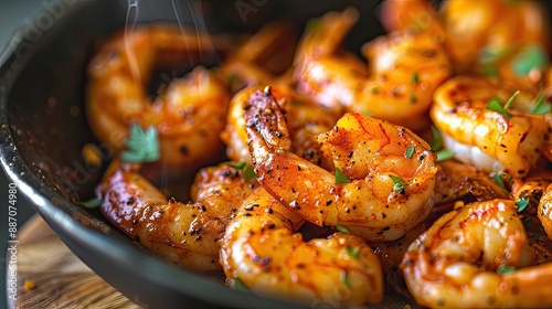 Spicy tail on cajun shrimp dinner or appetizer with dark moody lighting