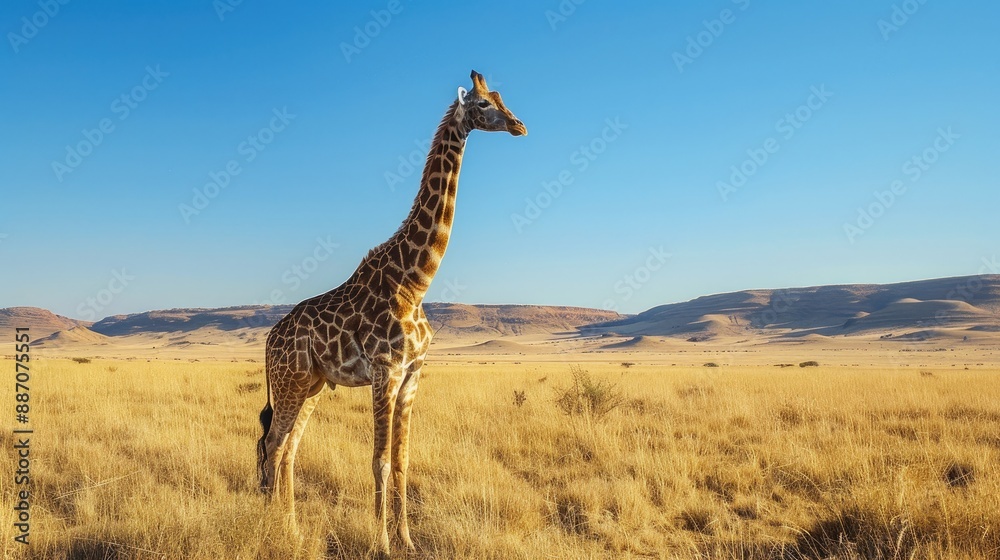 Obraz premium A tall giraffe stands in a vast dry savannah with a clear blue sky indicating a sunny day