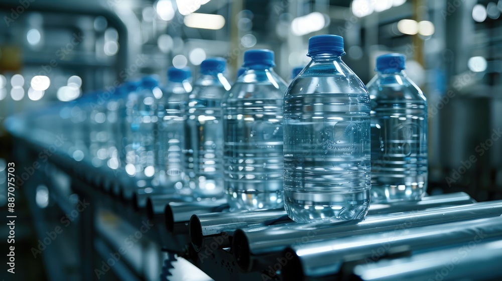 The hi technology of drinking water manufacturing process The empty drinking water bottles on the conveyor belt for filling process The hi technology of drinking water manufacturing process The empty drinking water bottles on the conveyor belt for filling process